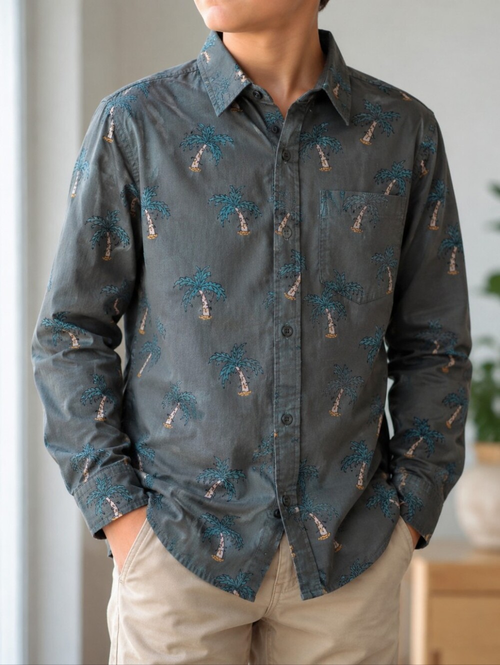 SVRN CODE Boys’ Button-Down Shirt – Palm Tree Print – Size 14/16z